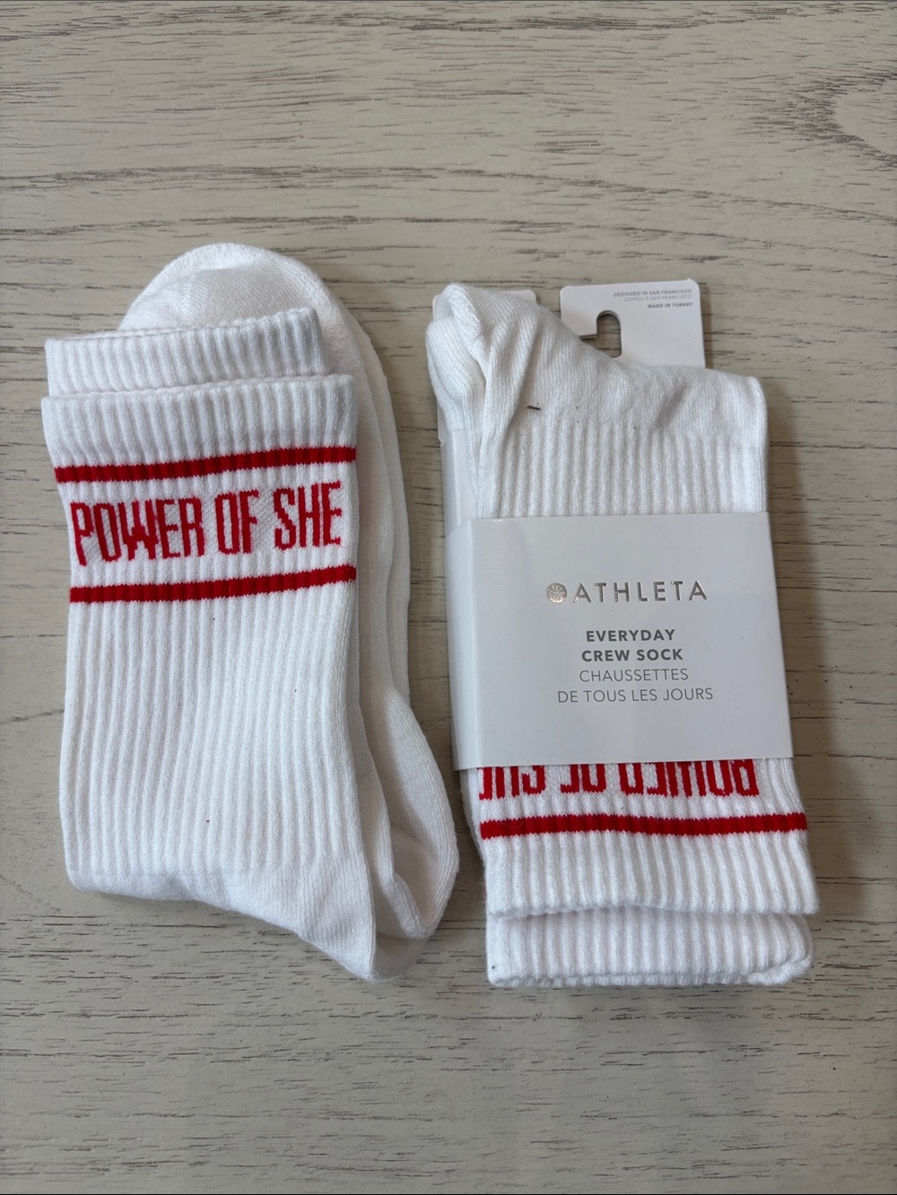 Athleta White Crew Socks with Red "Power of She" Stripe SZ Medium NWT